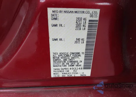 2015 Nissan Altima 2.5 Sv from USA, damaged, VIN 1N4AL3AP9FC493148